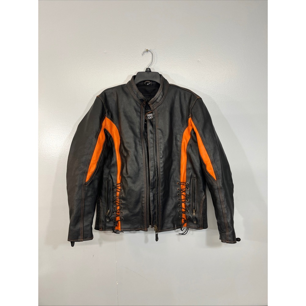 Genuine Leather Motorcycle Jacket Black Orange Laced Sides Biker Mens Medium